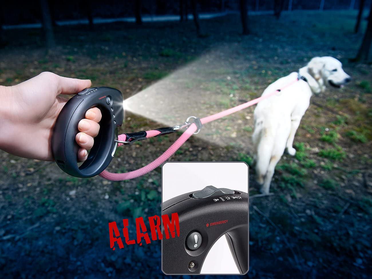 Anti Dog Theft Lead Handle with built-in Alarm, Bright LED Torch & Roadside Lights
